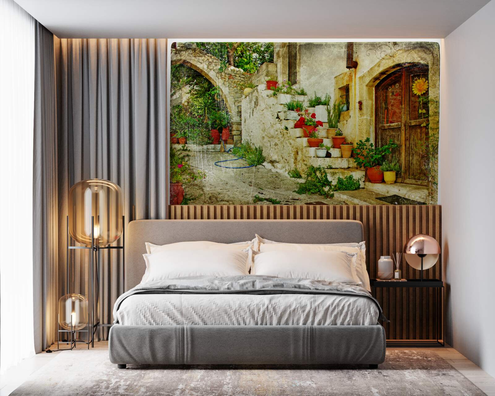 Fotobehang bloempotten op de stenen trap