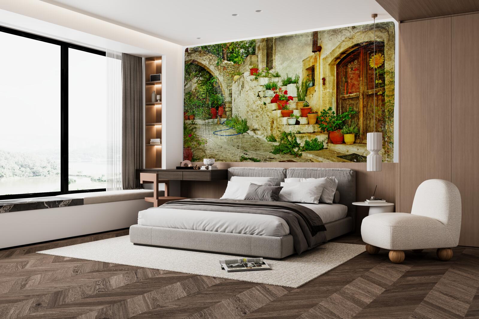 Fotobehang bloempotten op de stenen trap