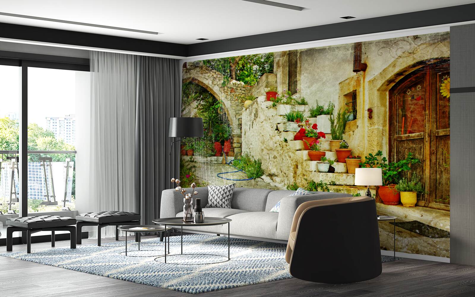 Fotobehang bloempotten op de stenen trap