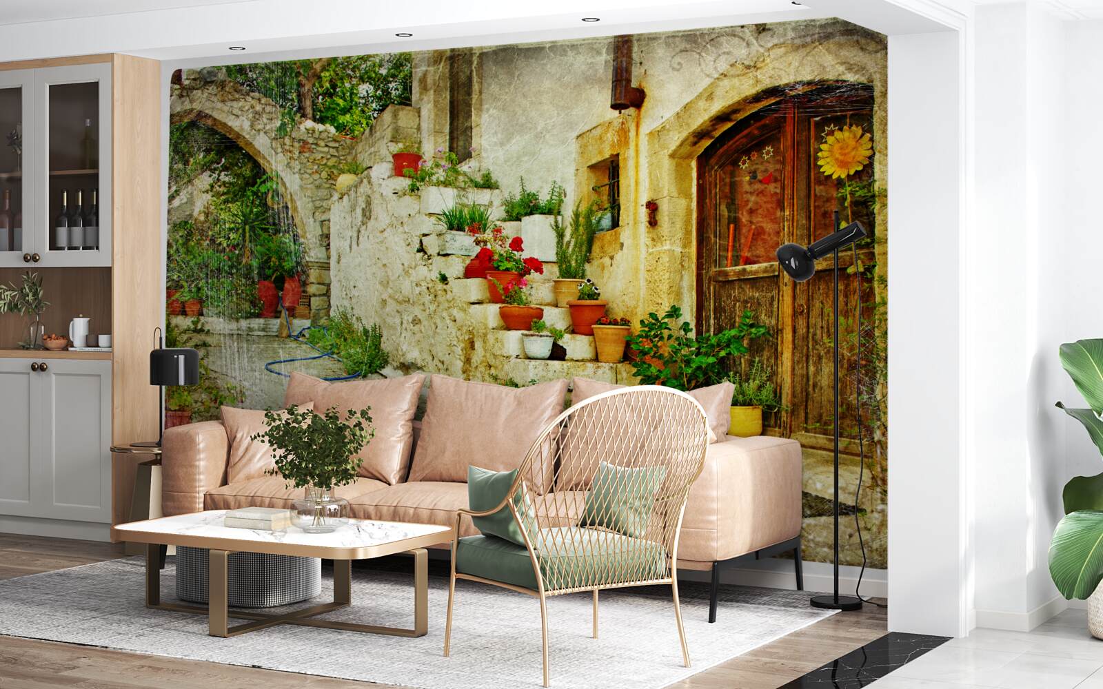 Fotobehang bloempotten op de stenen trap