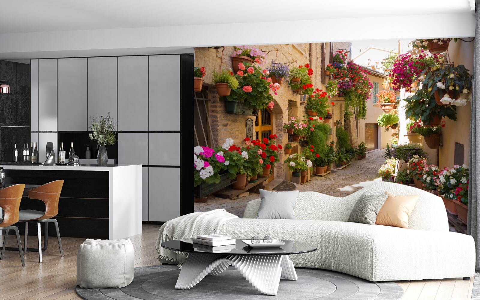 Fotobehang natuurlijke bloemen in een historische straat