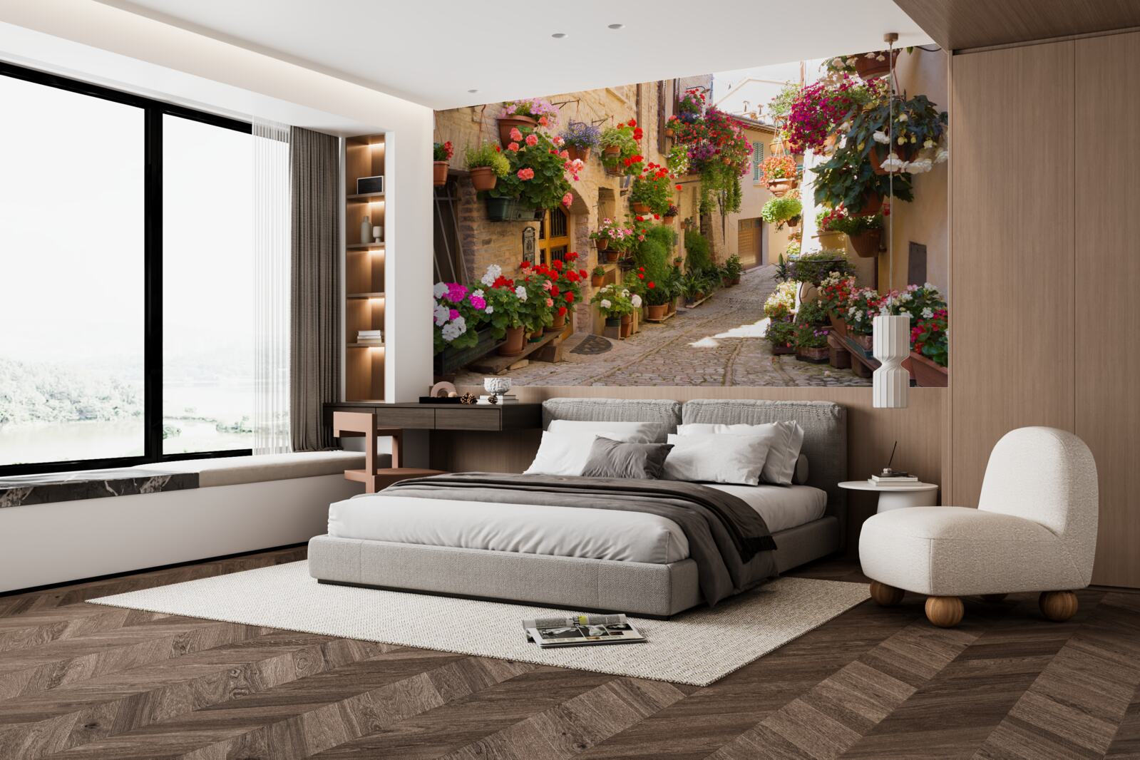 Fotobehang natuurlijke bloemen in een historische straat