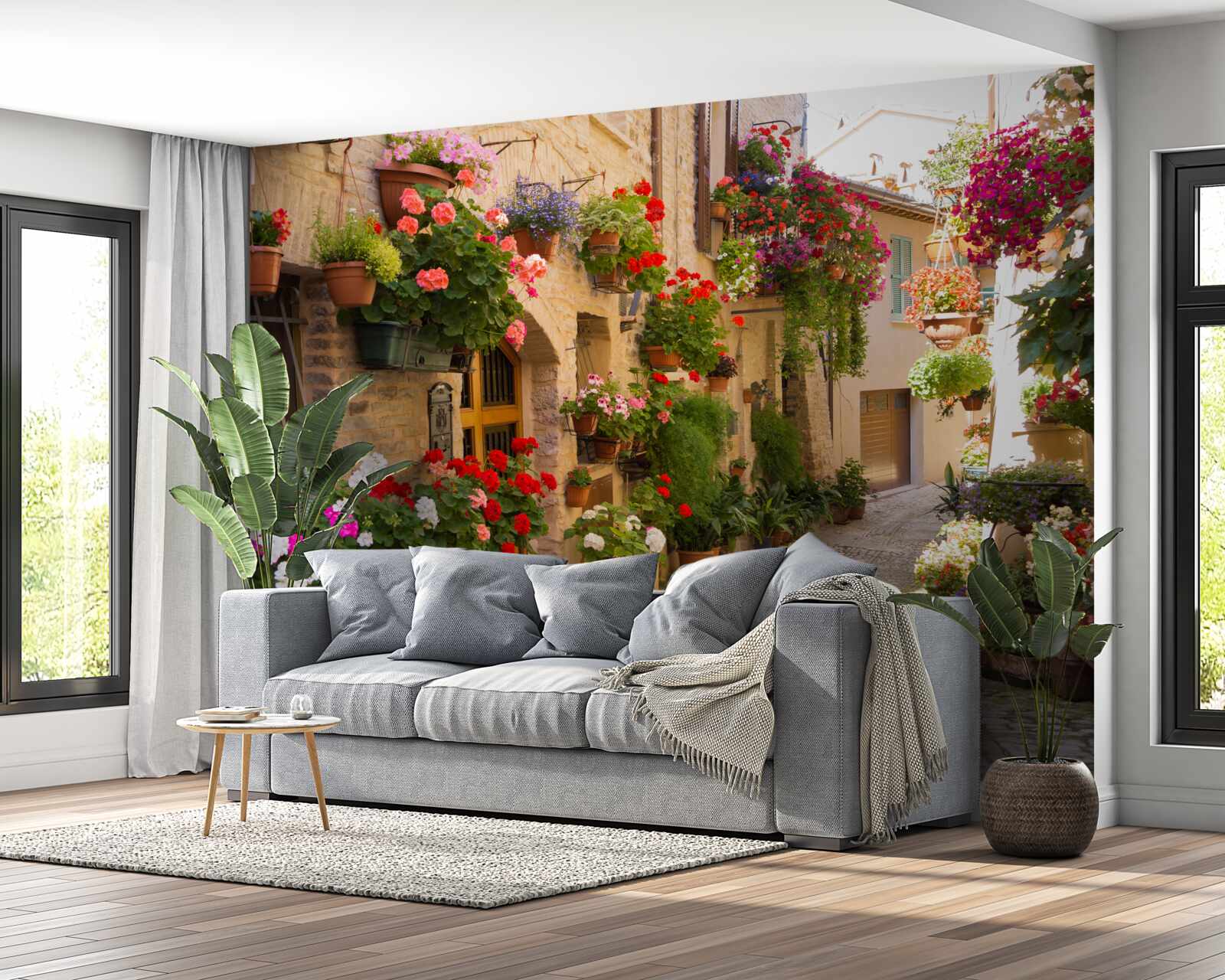 Fotobehang natuurlijke bloemen in een historische straat