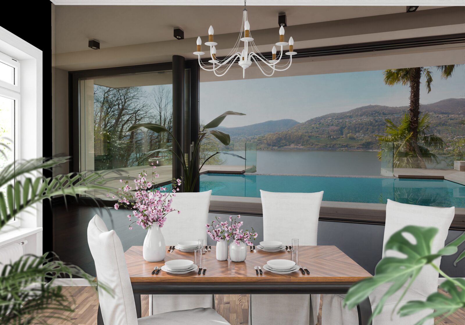 Fotobehang exclusief zwembad met panoramisch uitzicht op de bergketen