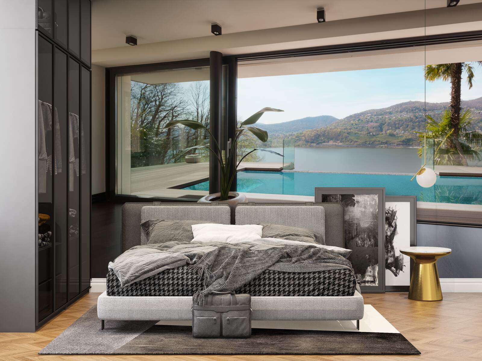 Fotobehang exclusief zwembad met panoramisch uitzicht op de bergketen