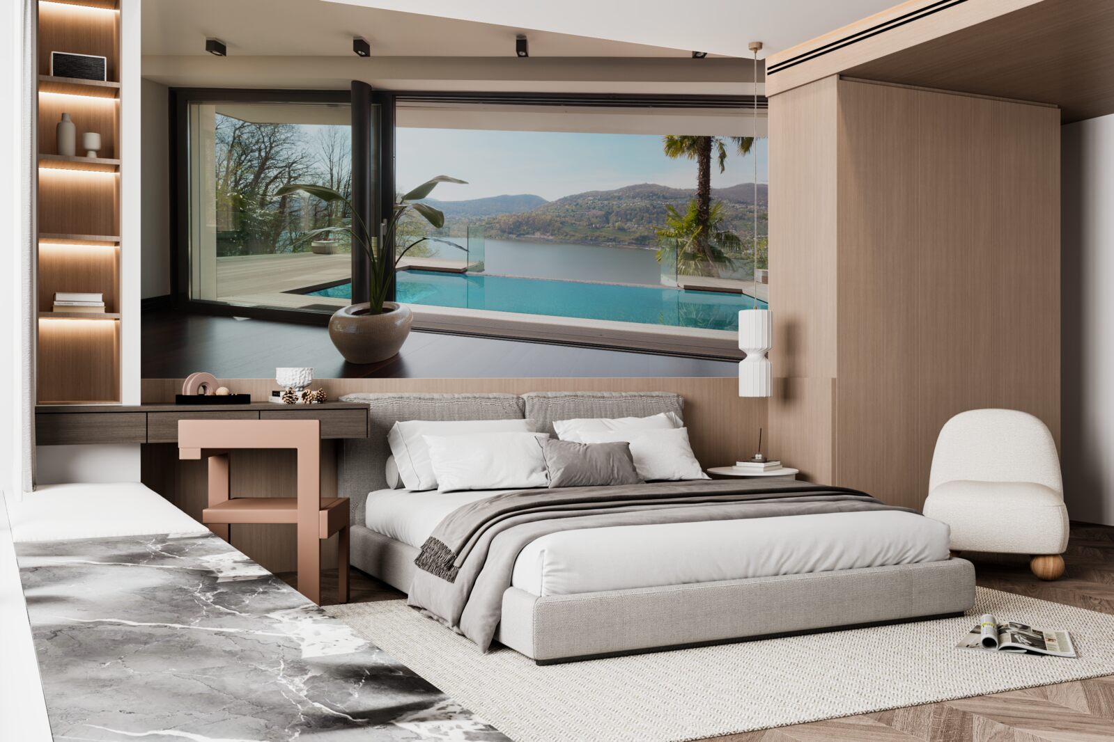 Fotobehang exclusief zwembad met panoramisch uitzicht op de bergketen