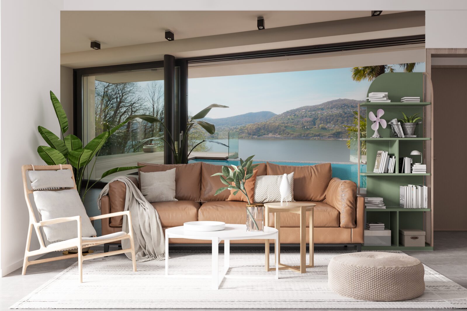 Fotobehang exclusief zwembad met panoramisch uitzicht op de bergketen