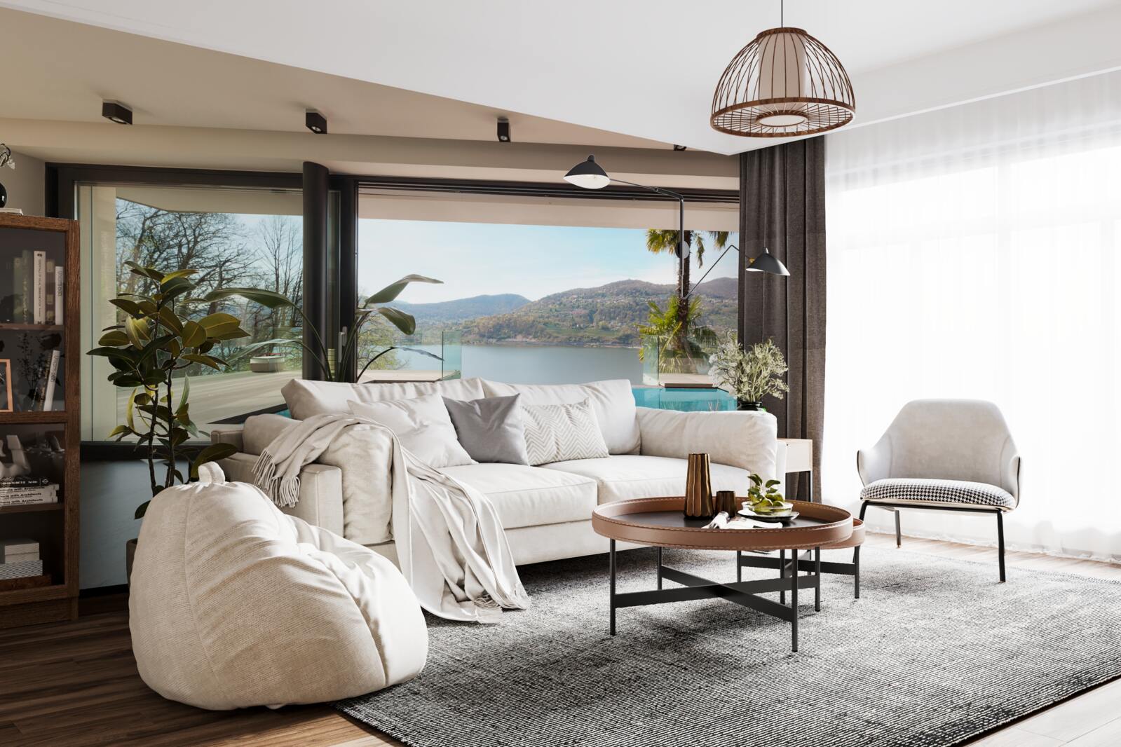 Fotobehang exclusief zwembad met panoramisch uitzicht op de bergketen