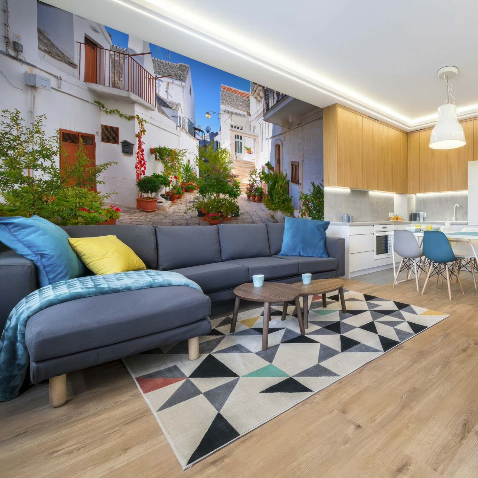 Fotobehang santorini straat, ondergedompeld in groen