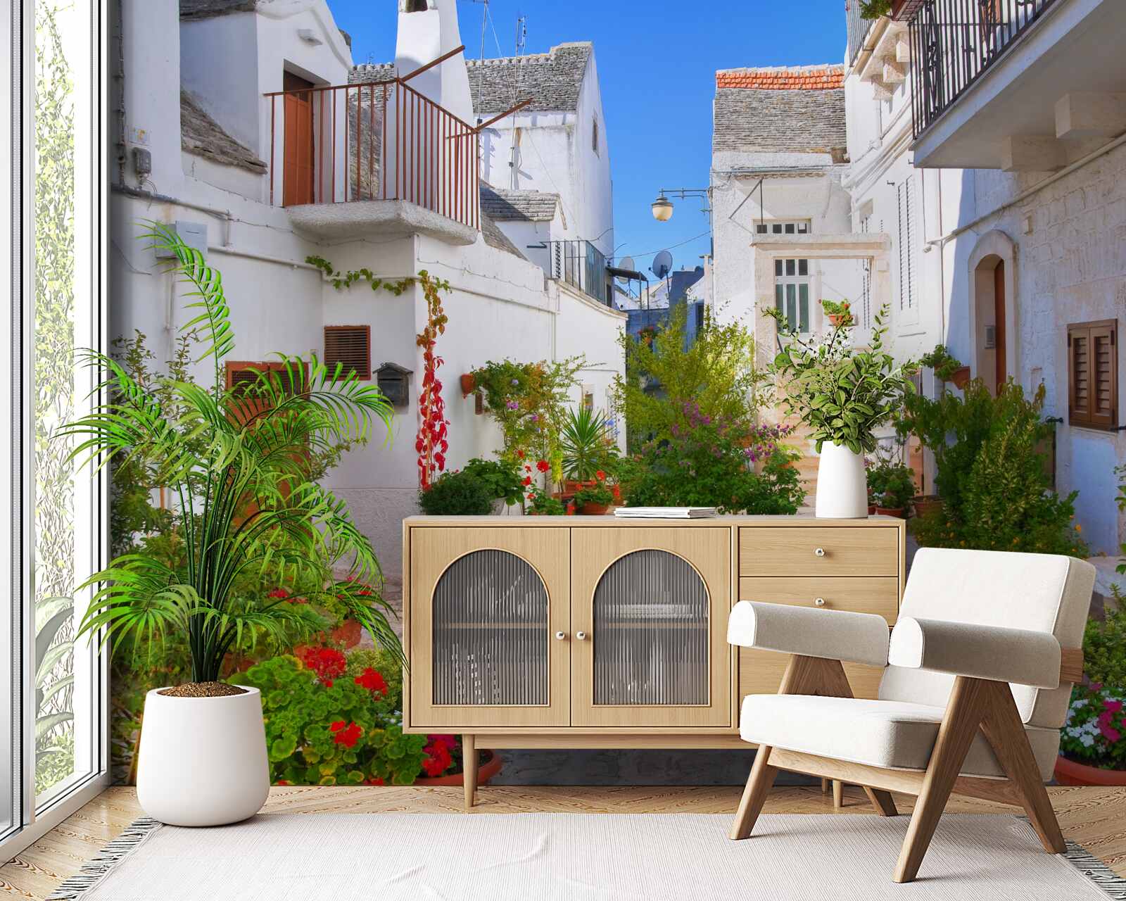 Fotobehang santorini straat, ondergedompeld in groen