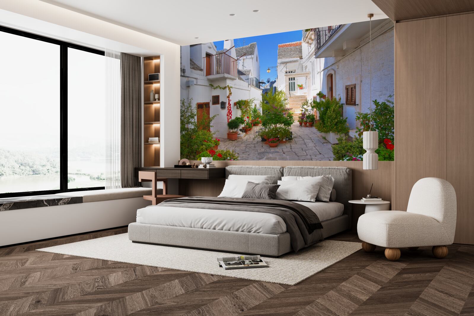 Fotobehang santorini straat, ondergedompeld in groen