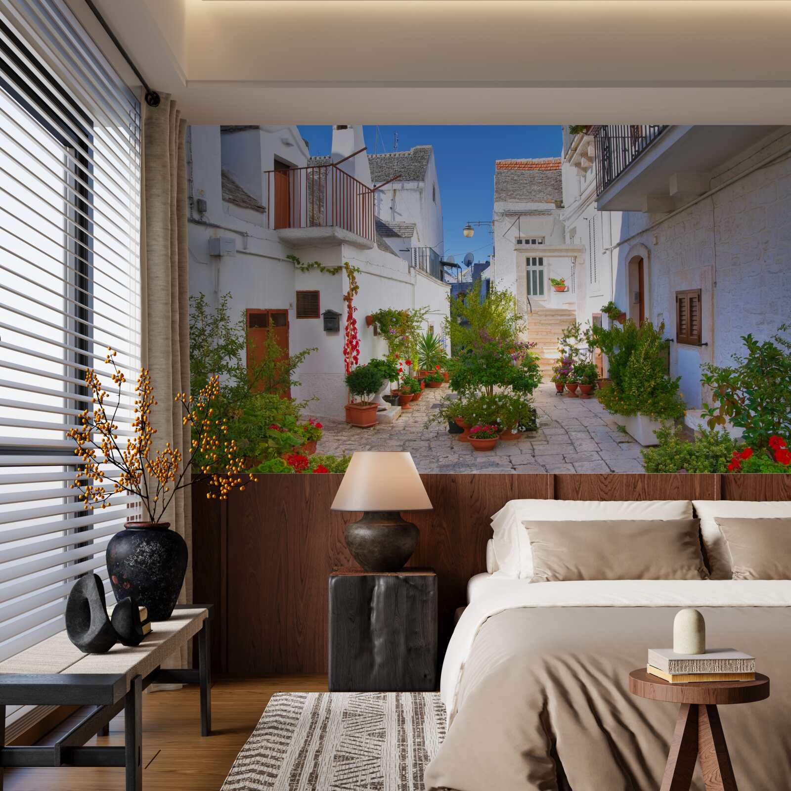 Fotobehang santorini straat, ondergedompeld in groen