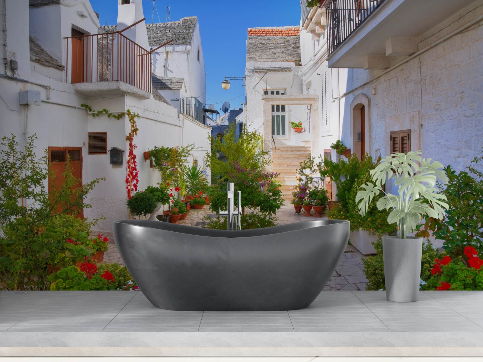 Fotobehang santorini straat, ondergedompeld in groen