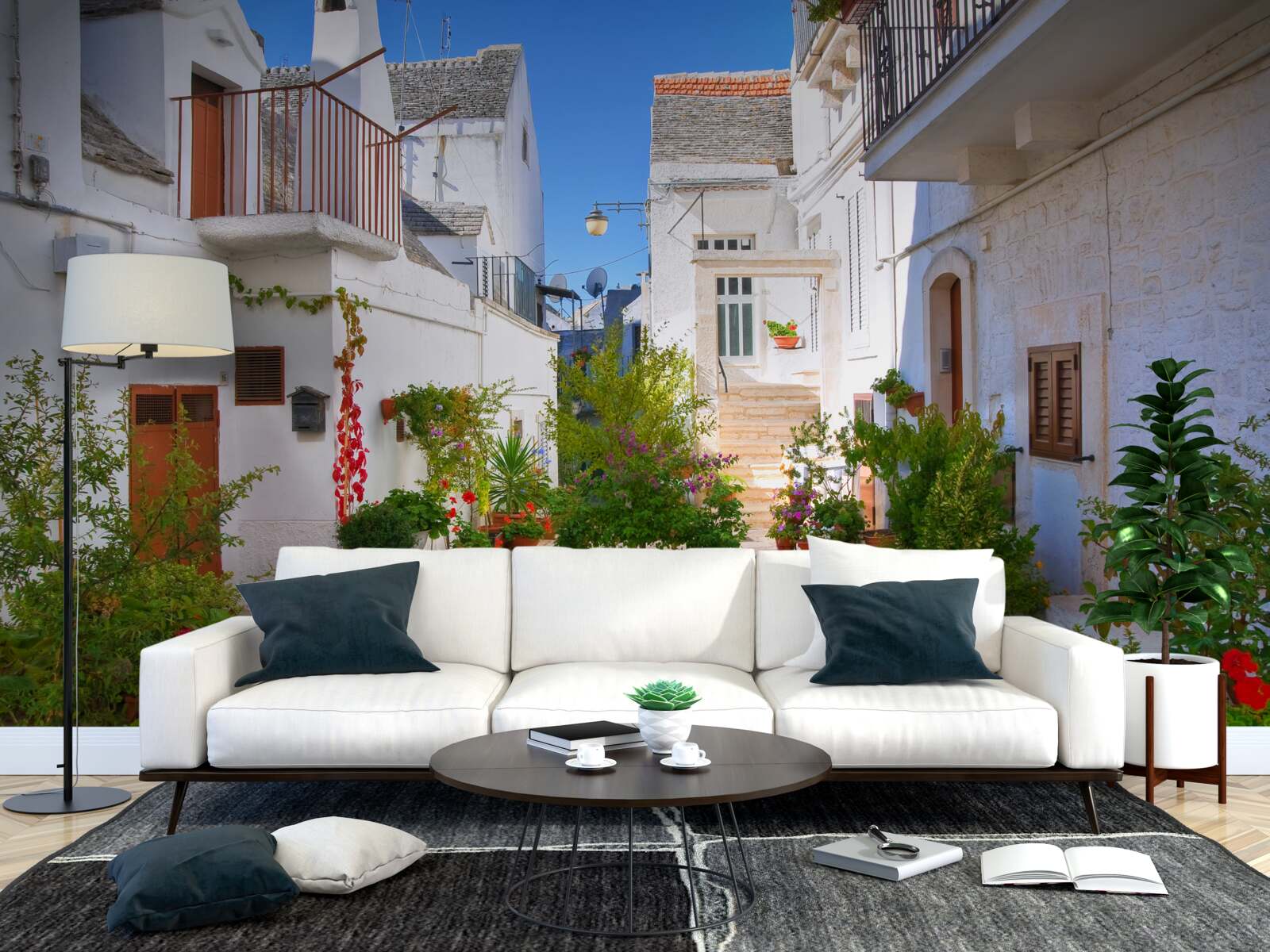 Fotobehang santorini straat, ondergedompeld in groen