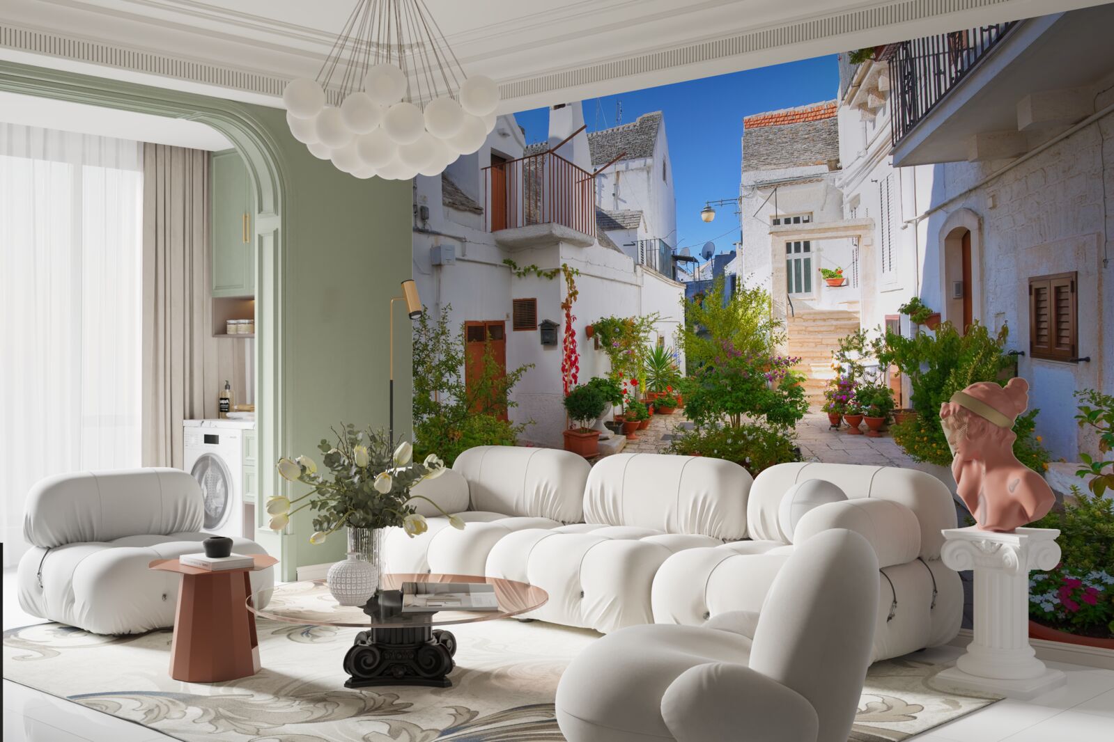 Fotobehang santorini straat, ondergedompeld in groen