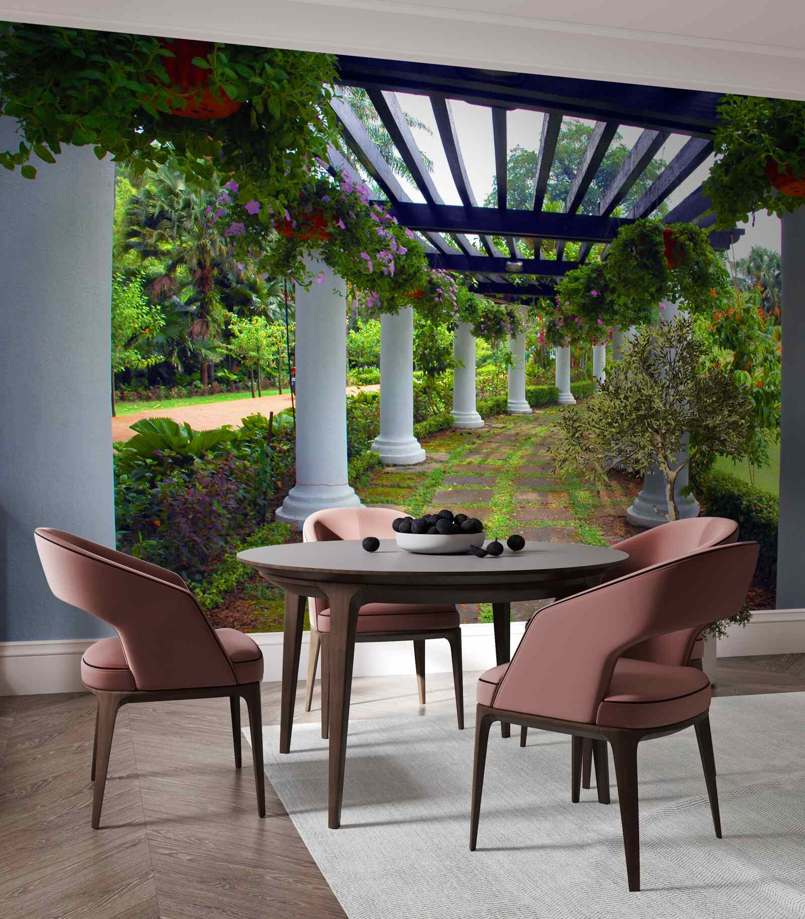 Fotobehang witte betonnen kolommen in de tuin