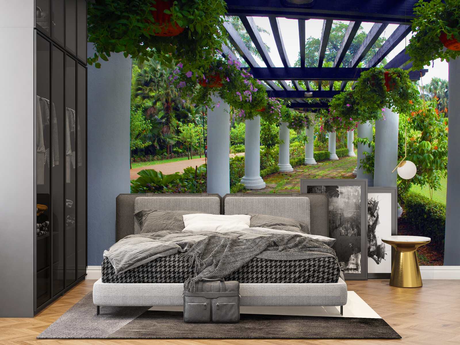 Fotobehang witte betonnen kolommen in de tuin