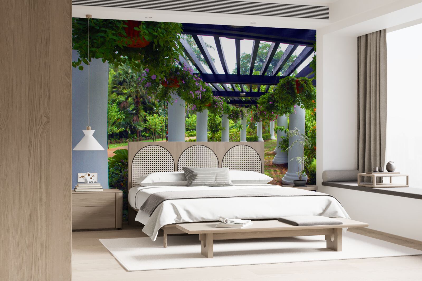 Fotobehang witte betonnen kolommen in de tuin