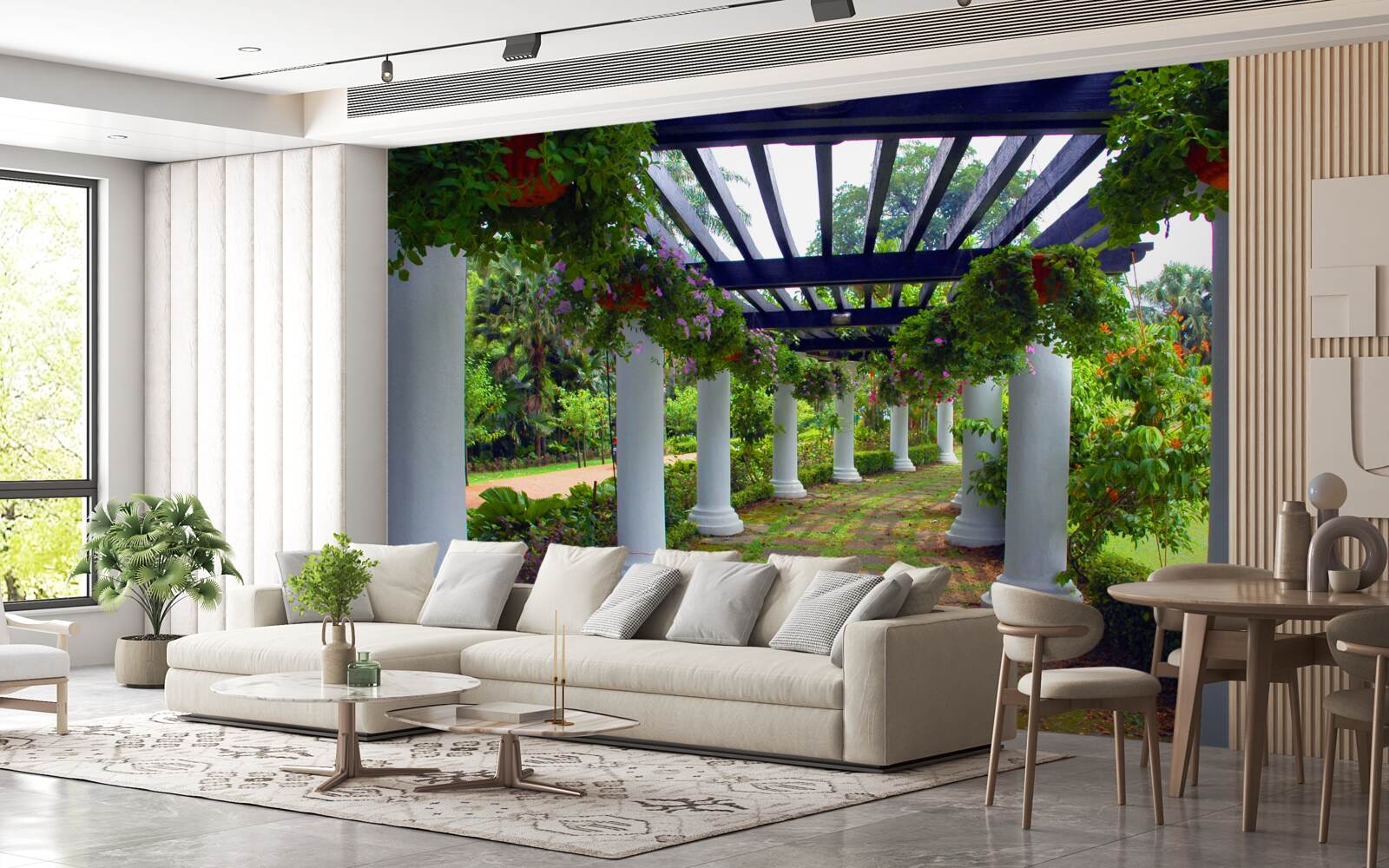 Fotobehang witte betonnen kolommen in de tuin