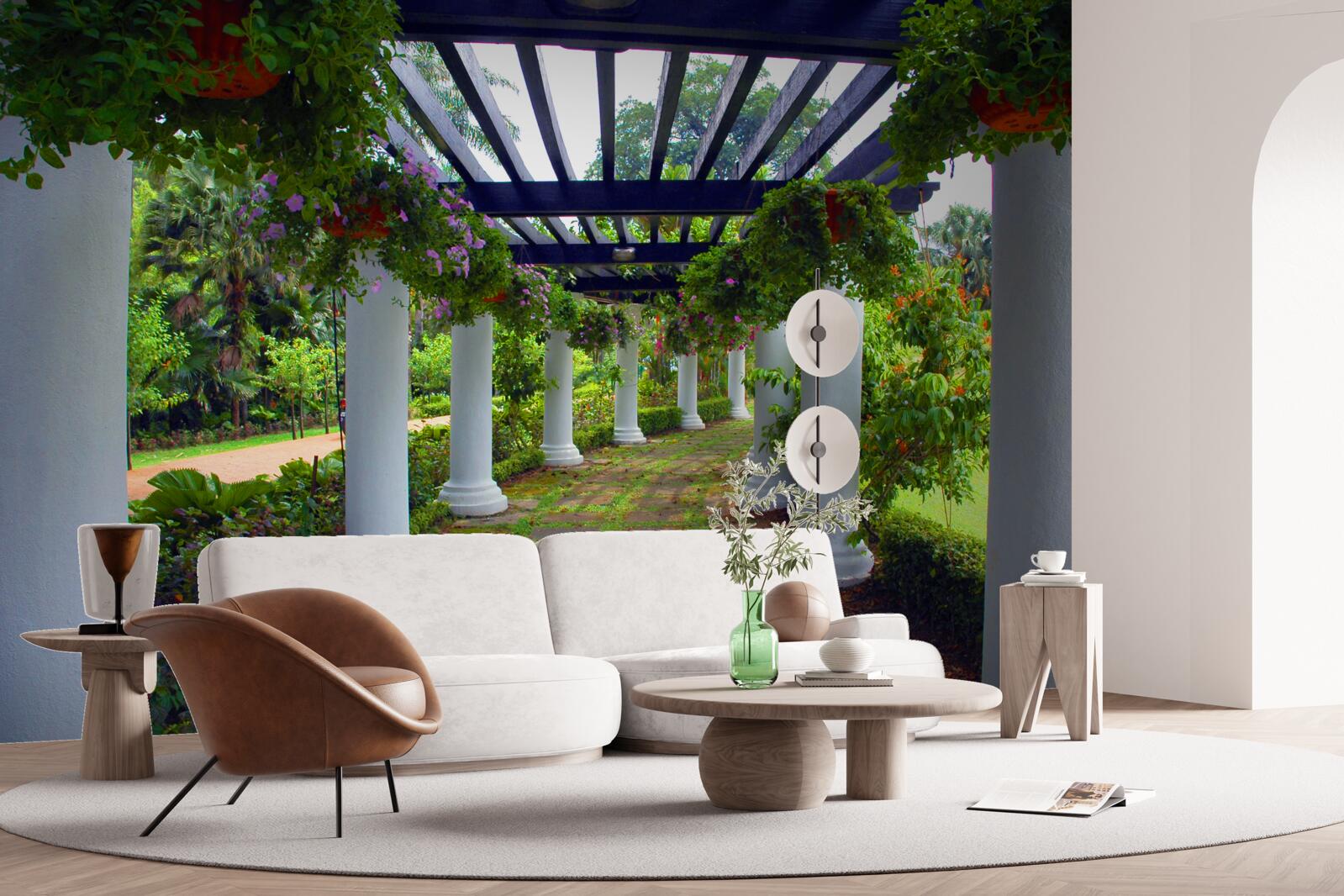 Fotobehang witte betonnen kolommen in de tuin