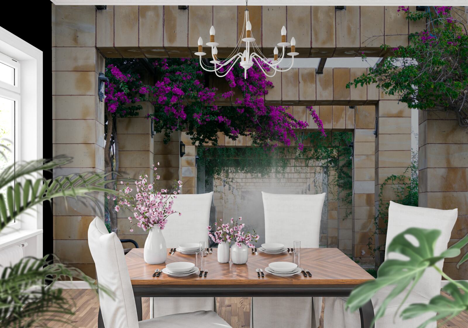 Fotobehang rechthoekige boog van steen, versierd met bloemen