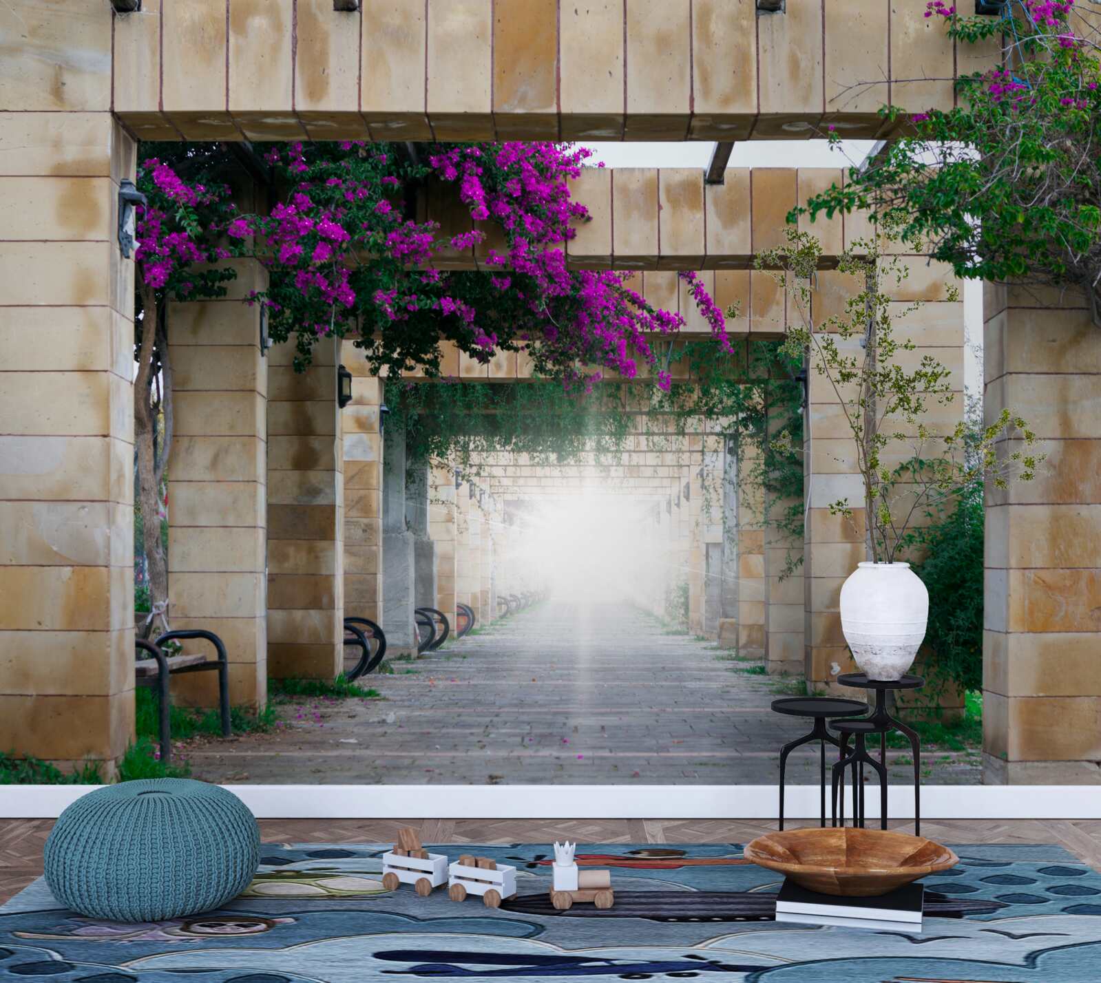 Fotobehang rechthoekige boog van steen, versierd met bloemen