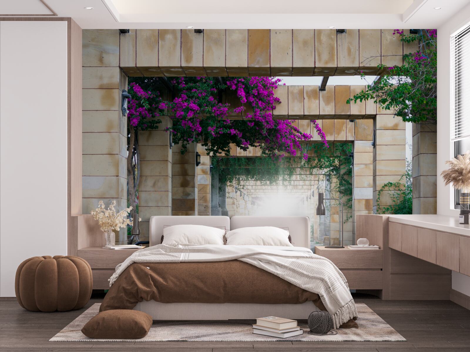 Fotobehang rechthoekige boog van steen, versierd met bloemen