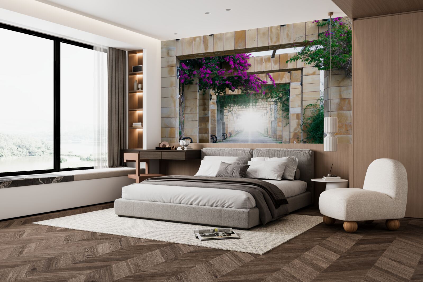 Fotobehang rechthoekige boog van steen, versierd met bloemen