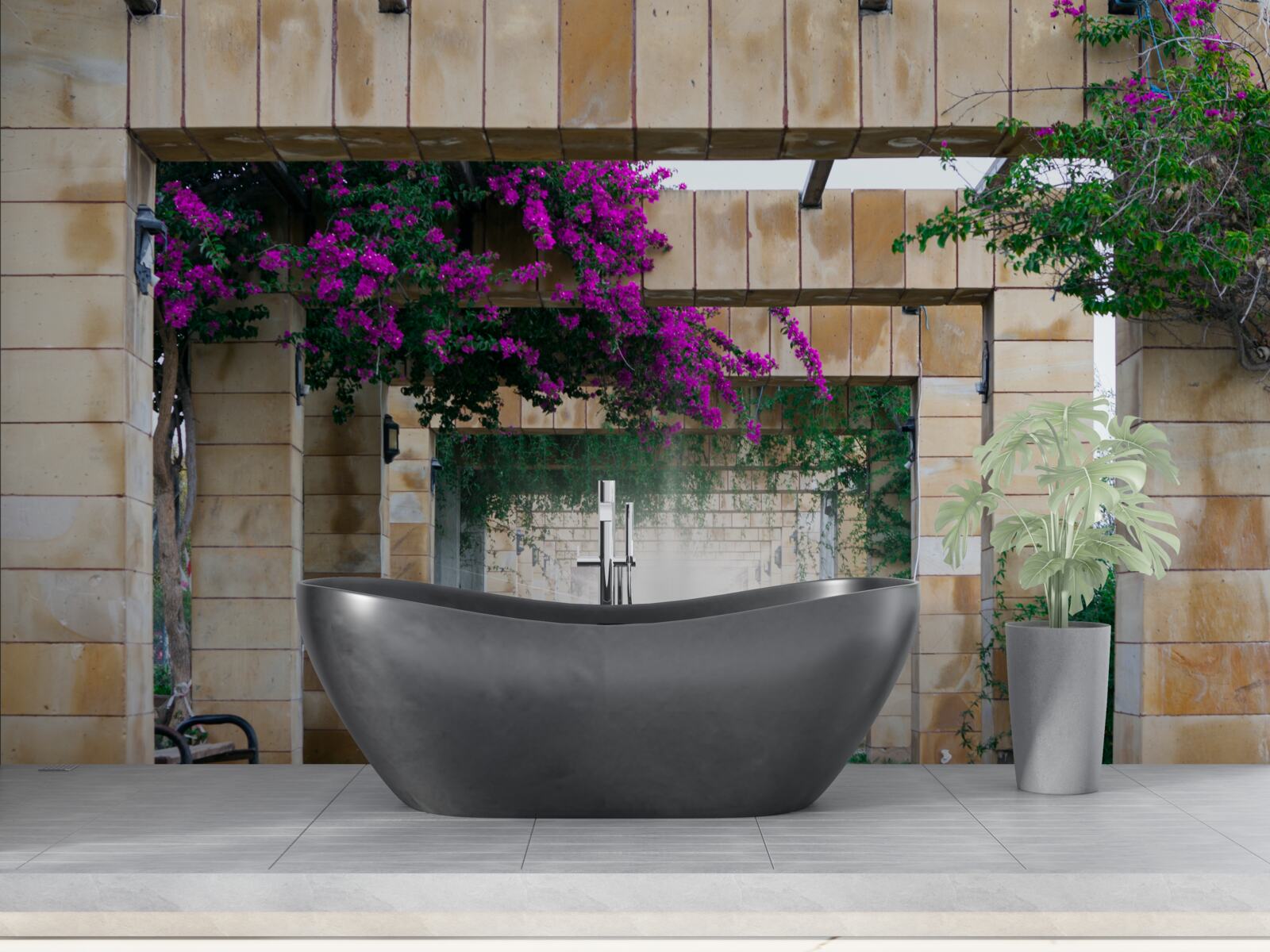 Fotobehang rechthoekige boog van steen, versierd met bloemen