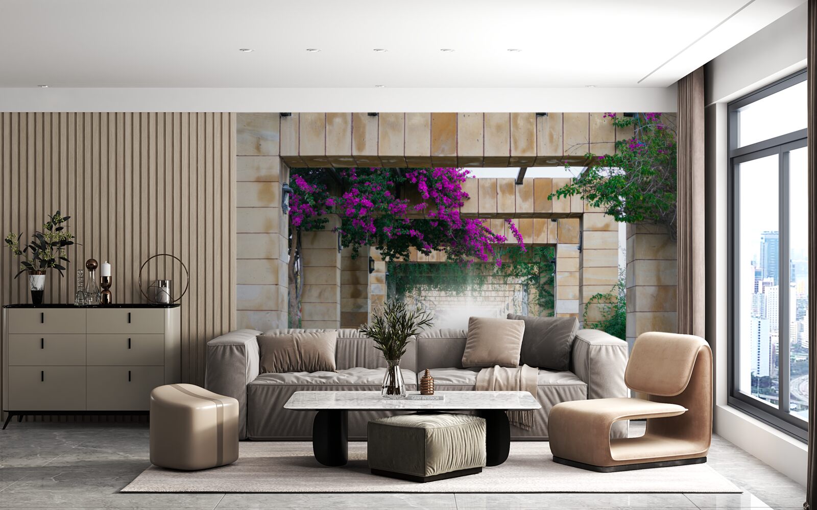 Fotobehang rechthoekige boog van steen, versierd met bloemen