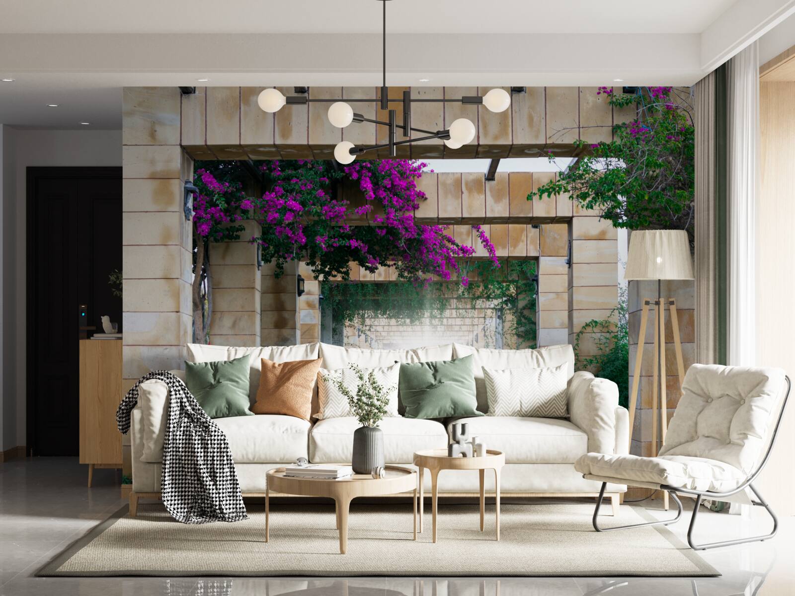 Fotobehang rechthoekige boog van steen, versierd met bloemen