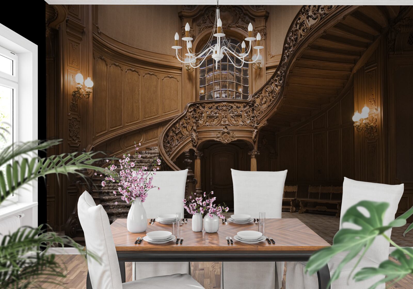 Fotobehang houten trap in de slaapzaal