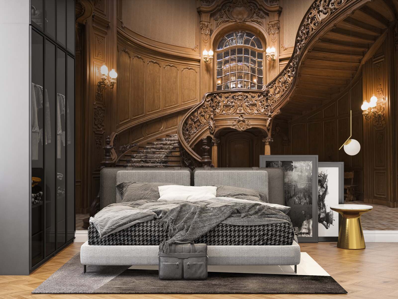 Fotobehang houten trap in de slaapzaal