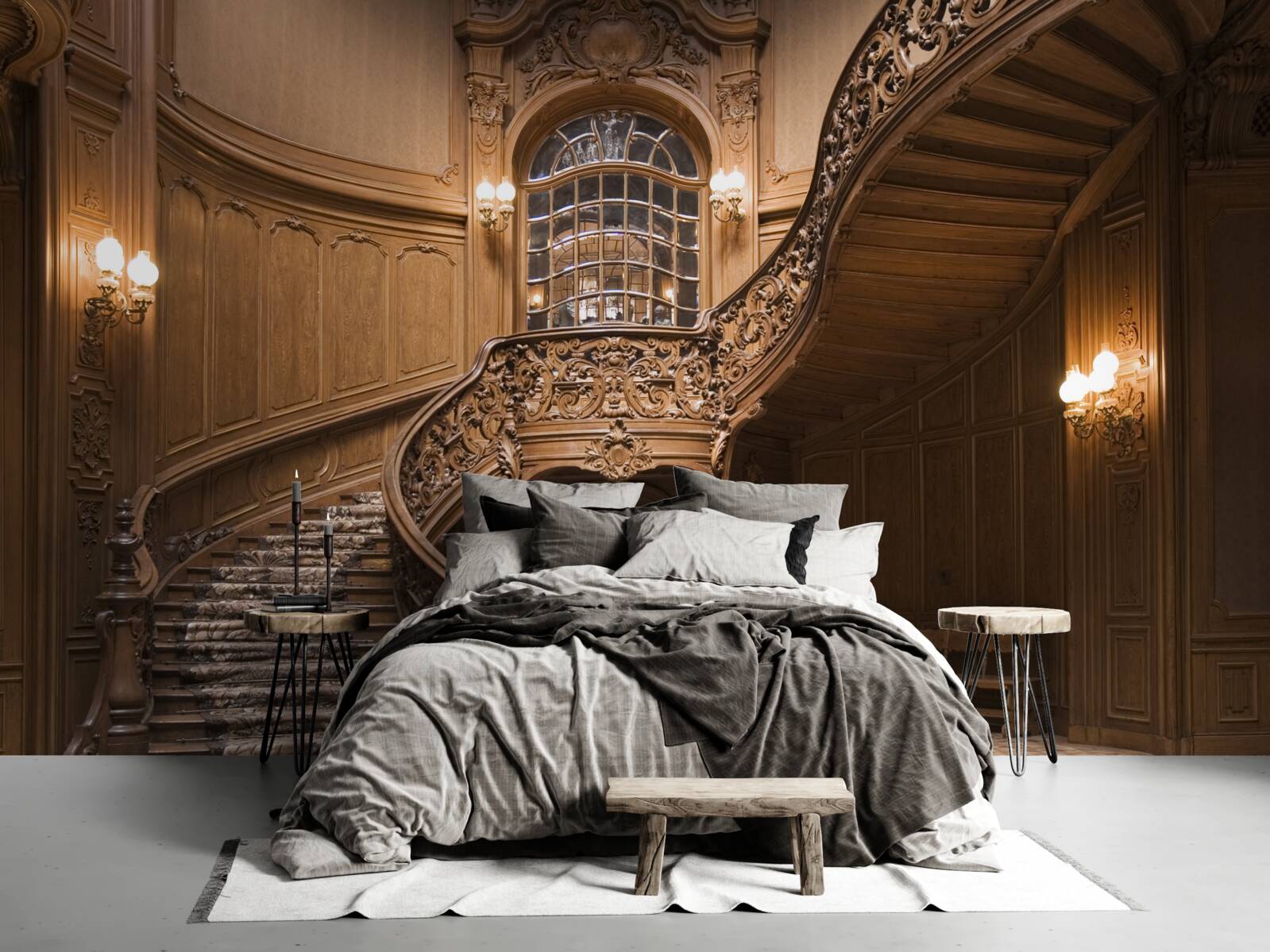 Fotobehang houten trap in de slaapzaal