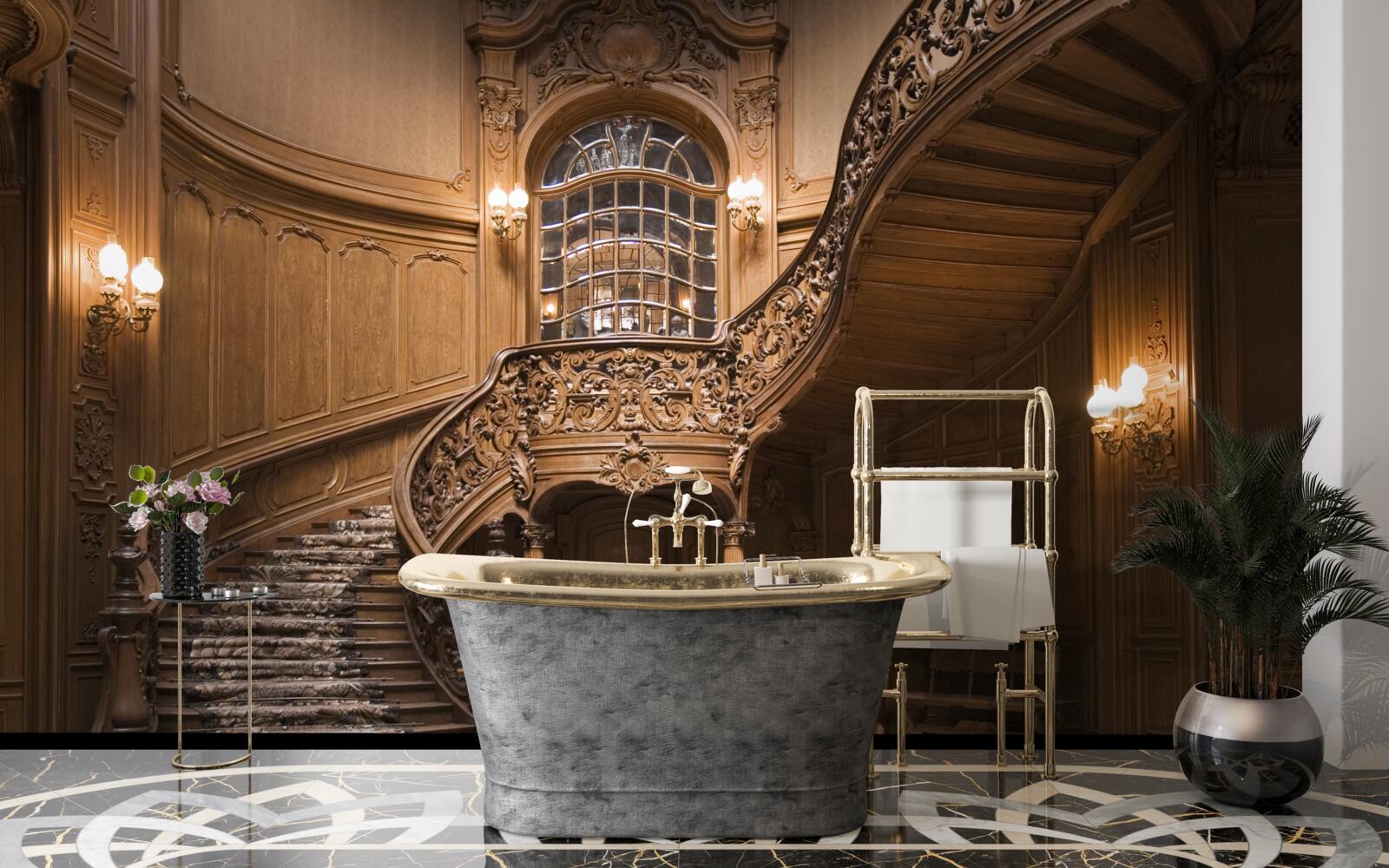 Fotobehang houten trap in de slaapzaal