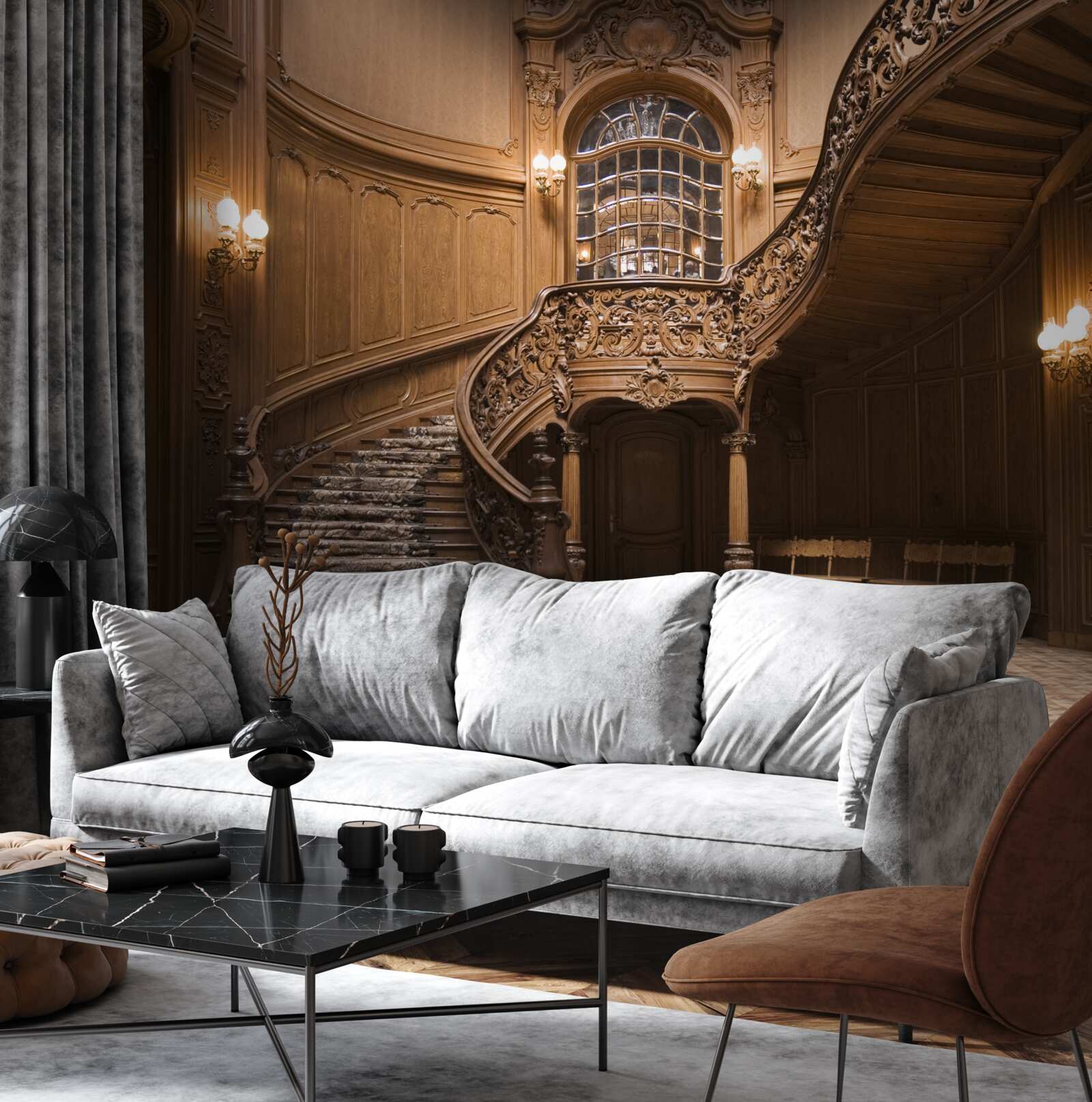 Fotobehang houten trap in de slaapzaal