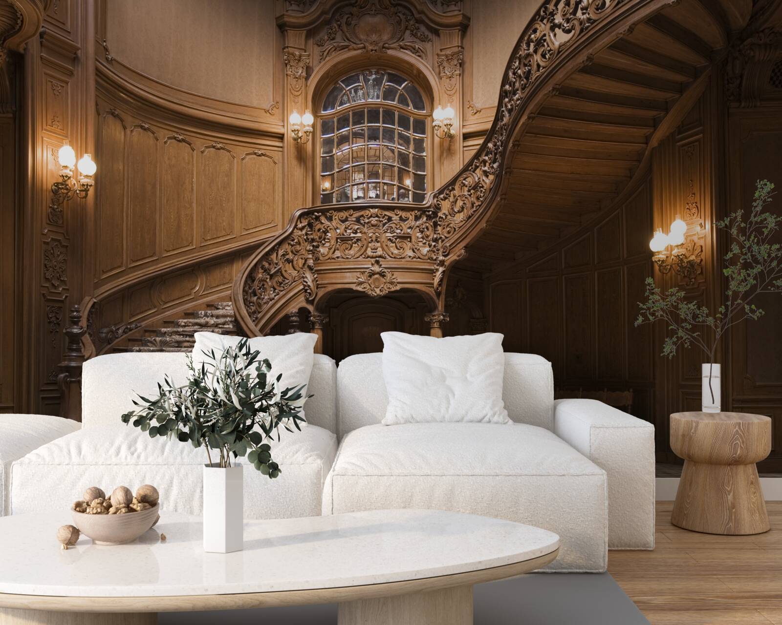 Fotobehang houten trap in de slaapzaal