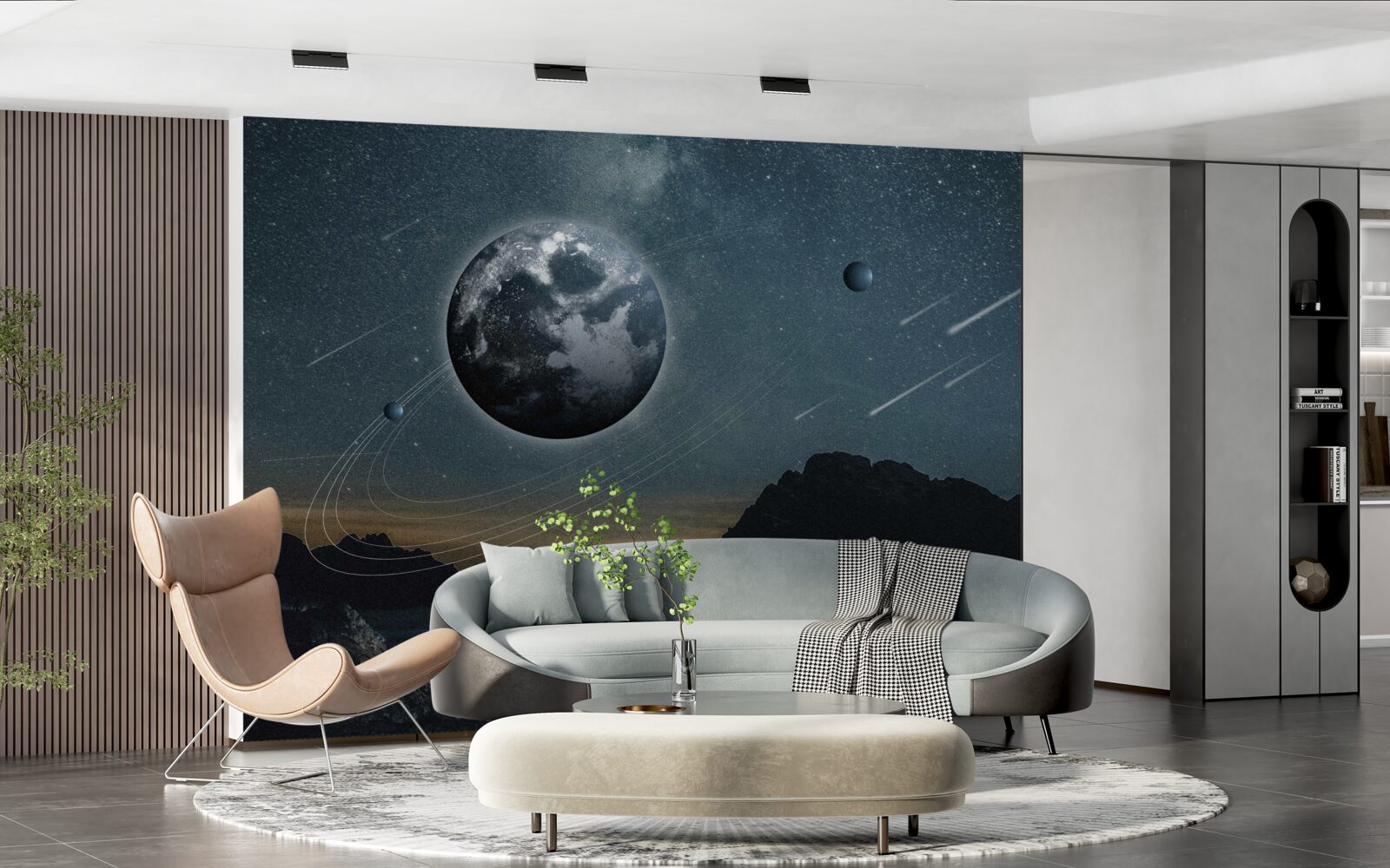 Fotobehang meteorenregen en aardesatelliet