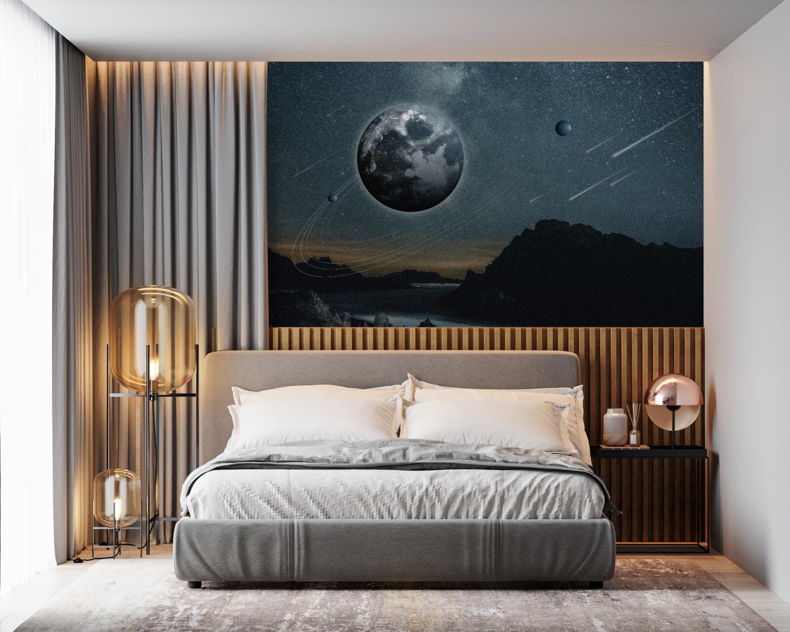 Fotobehang meteorenregen en aardesatelliet