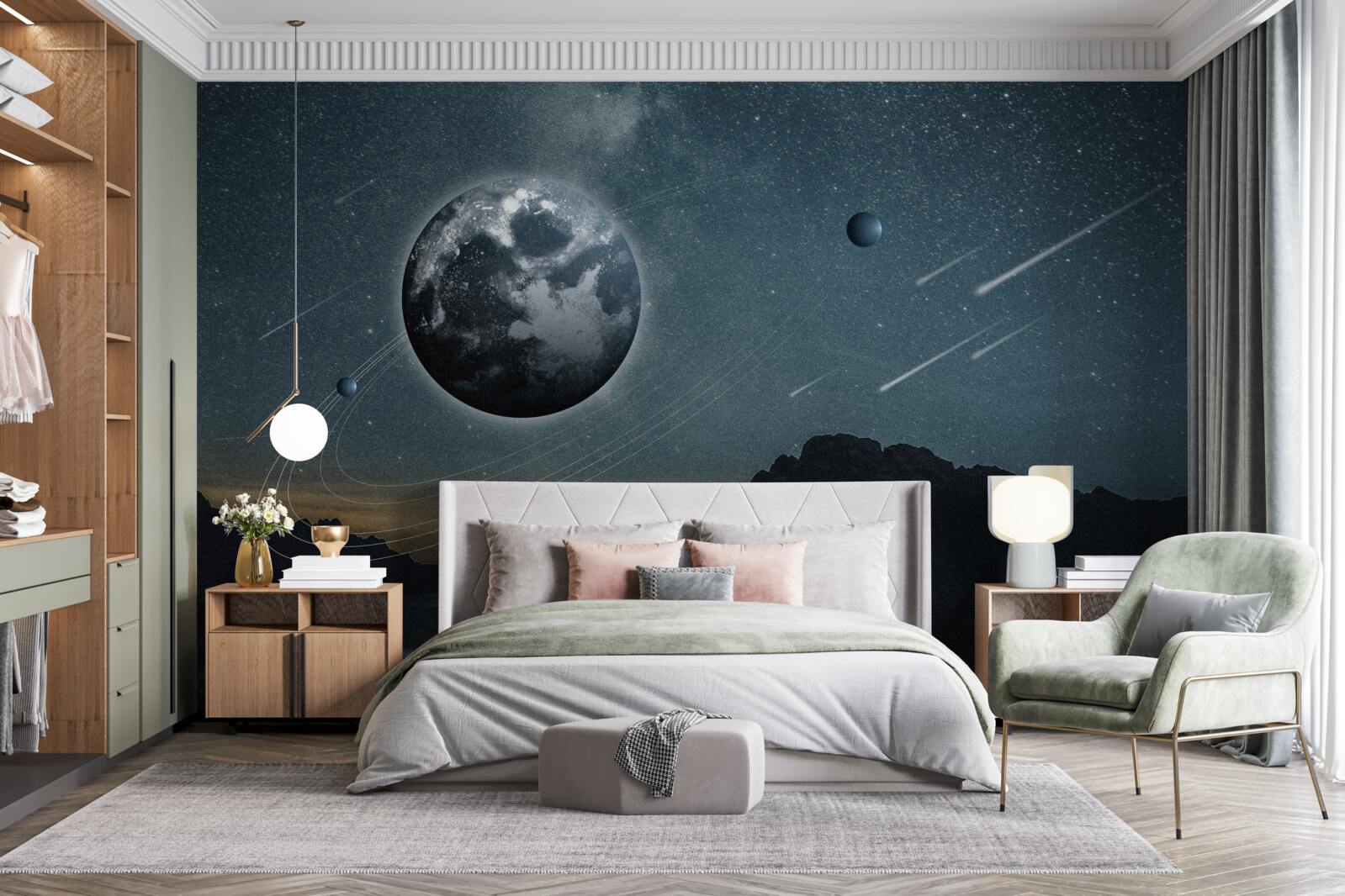 Fotobehang meteorenregen en aardesatelliet