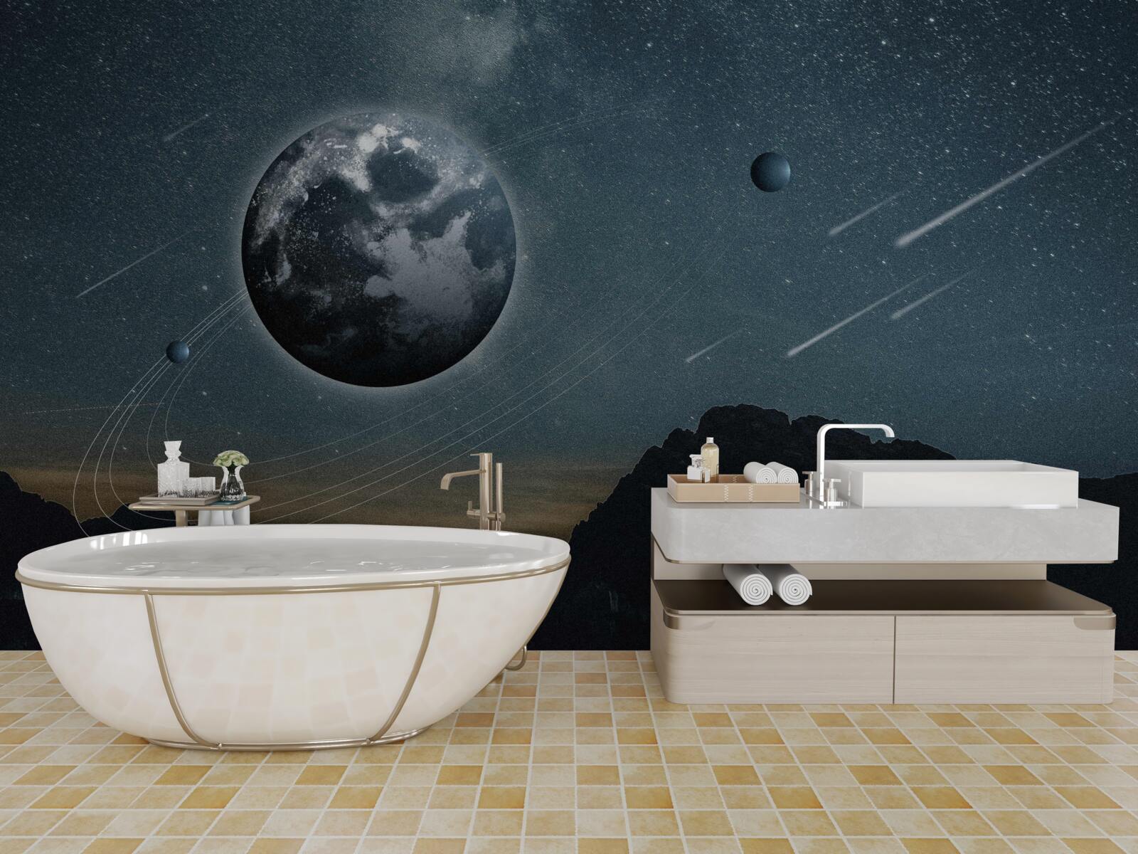 Fotobehang meteorenregen en aardesatelliet