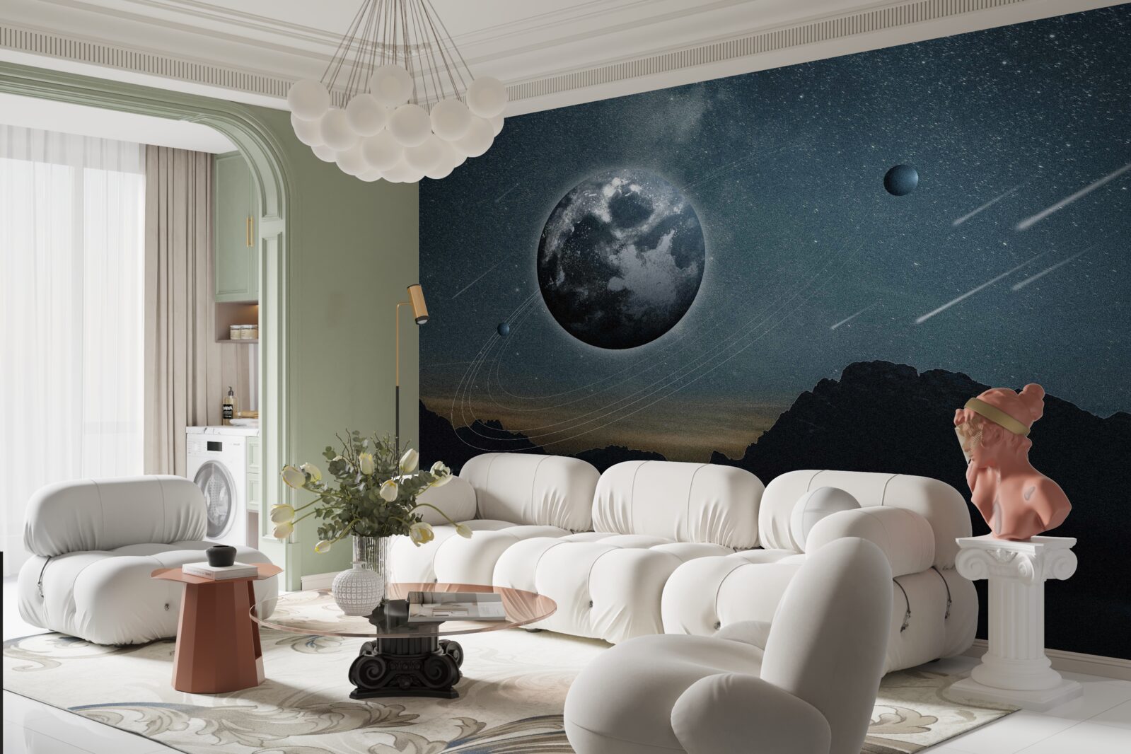 Fotobehang meteorenregen en aardesatelliet