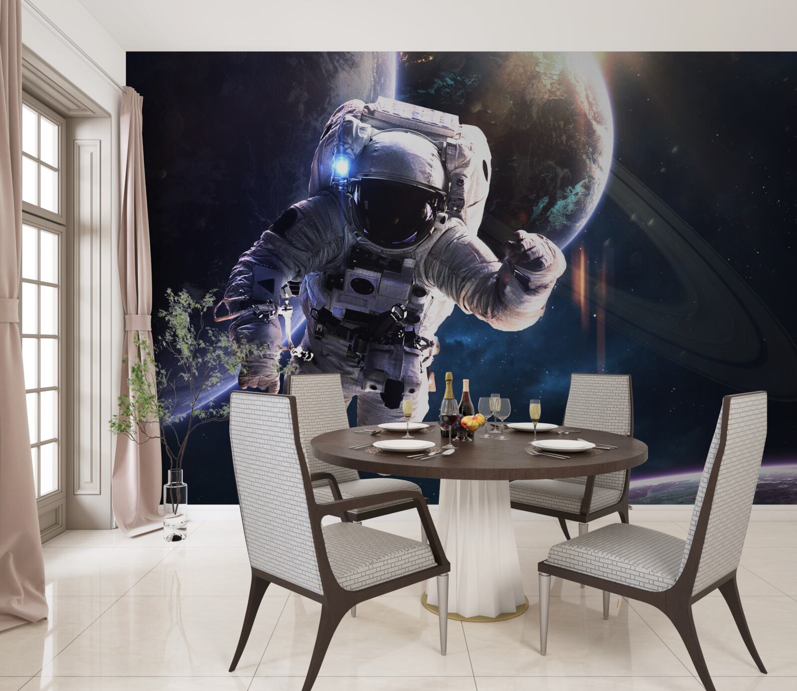 Fotobehang astronaut poseert voor jupiter