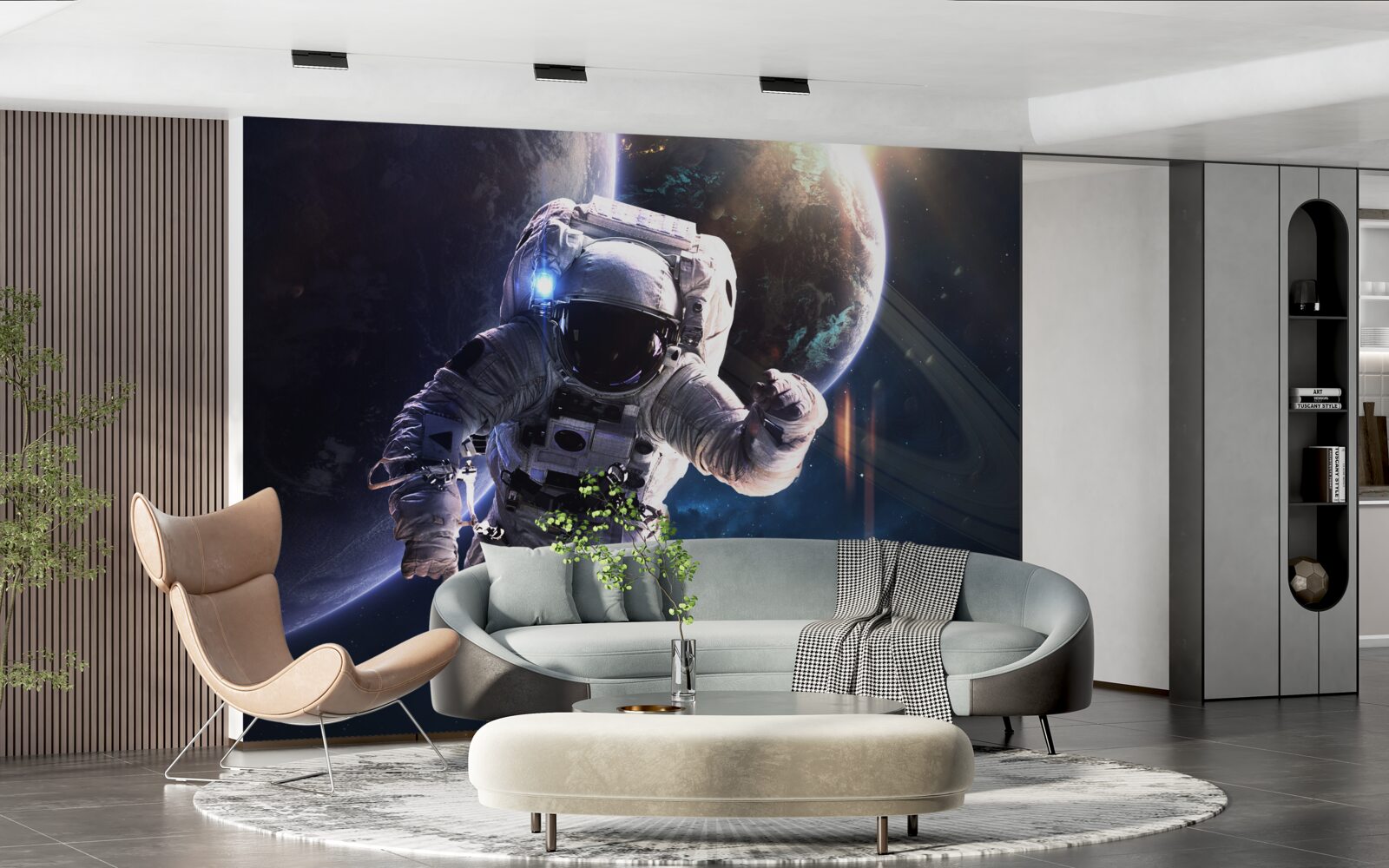 Fotobehang astronaut poseert voor jupiter