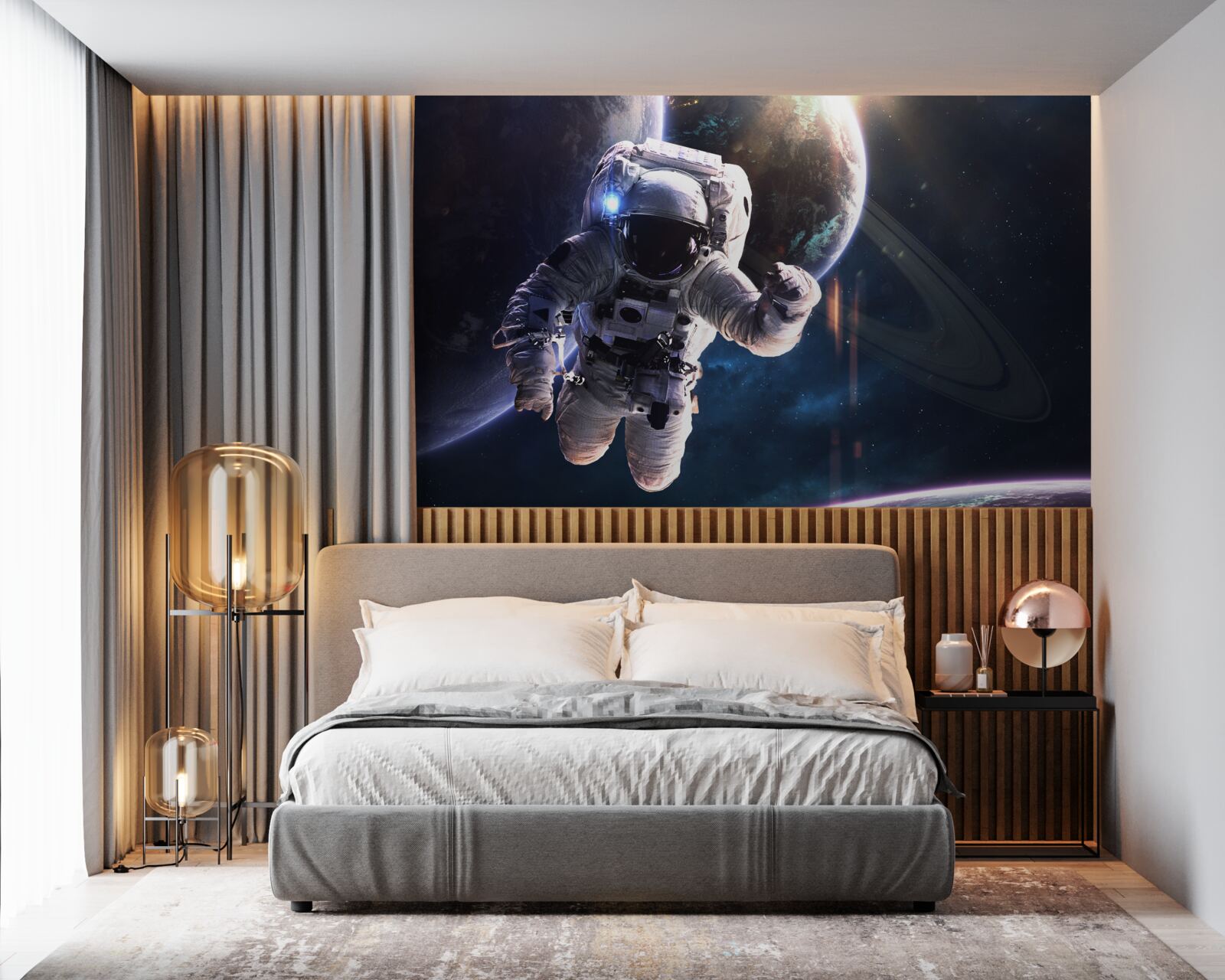 Fotobehang astronaut poseert voor jupiter