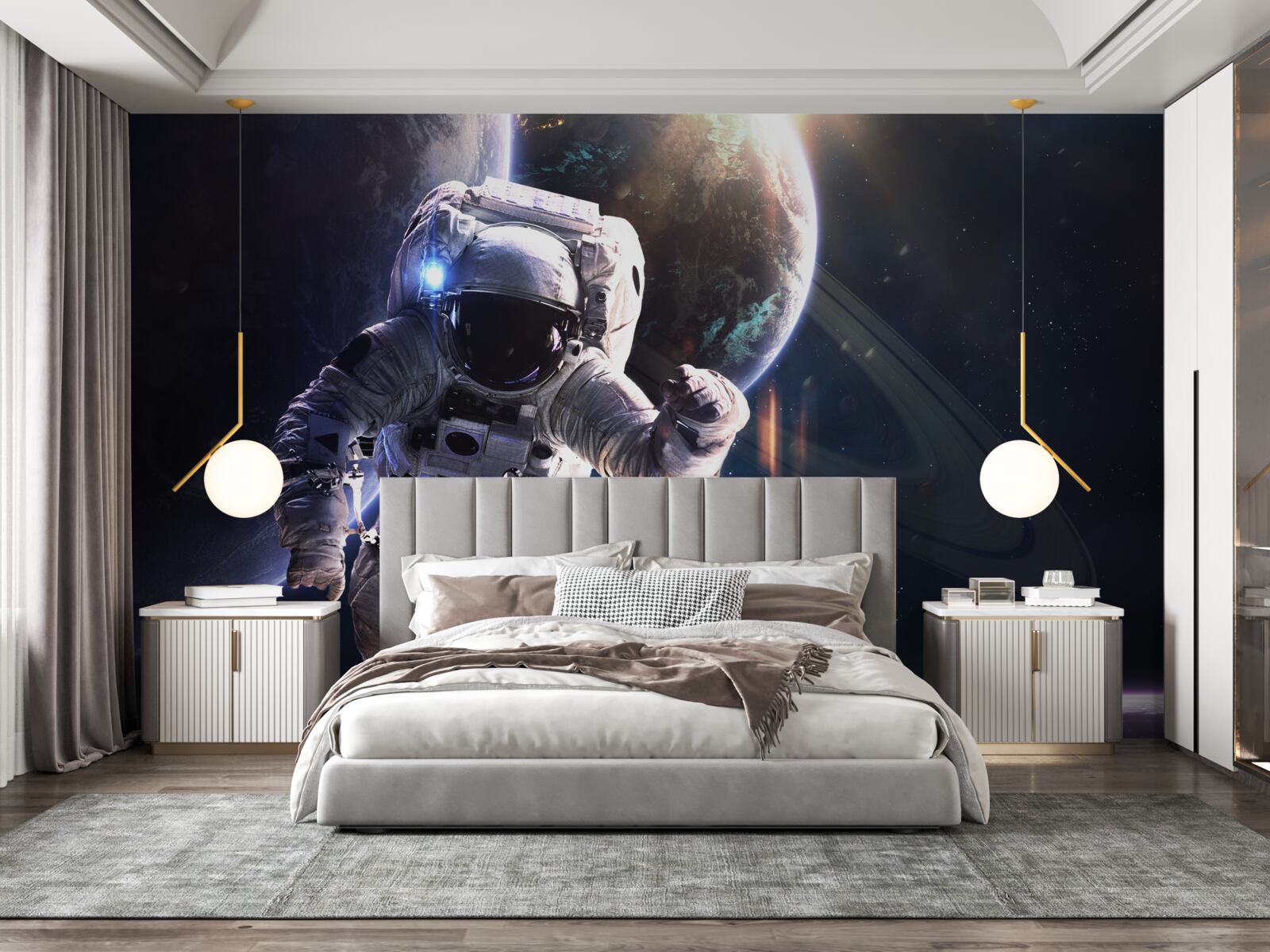 Fotobehang astronaut poseert voor jupiter