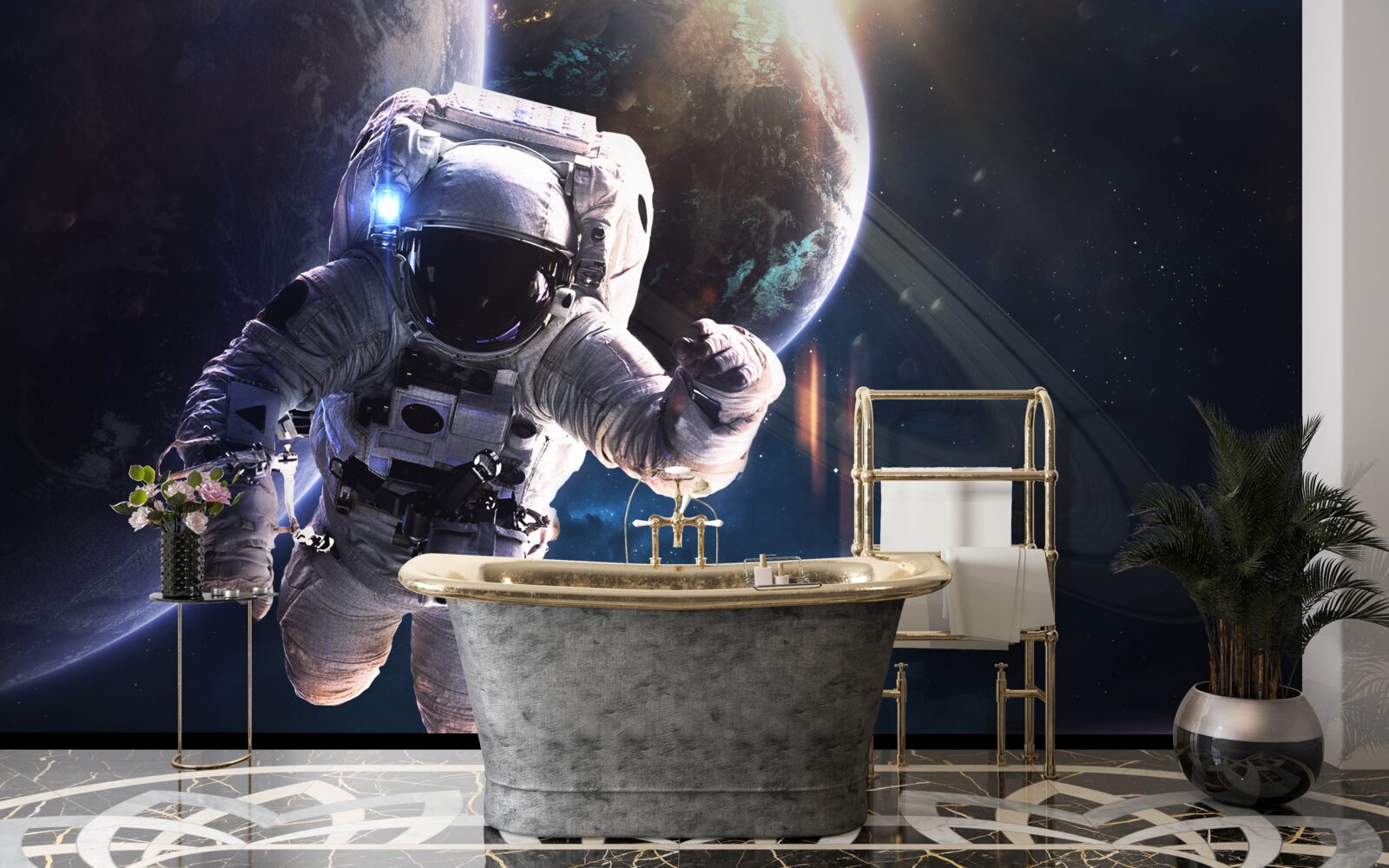 Fotobehang astronaut poseert voor jupiter