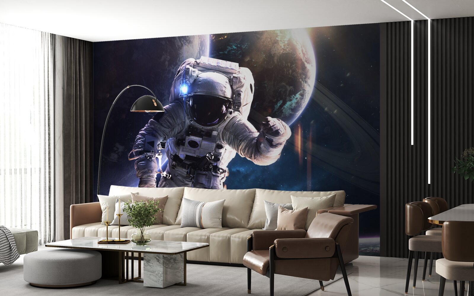 Fotobehang astronaut poseert voor jupiter