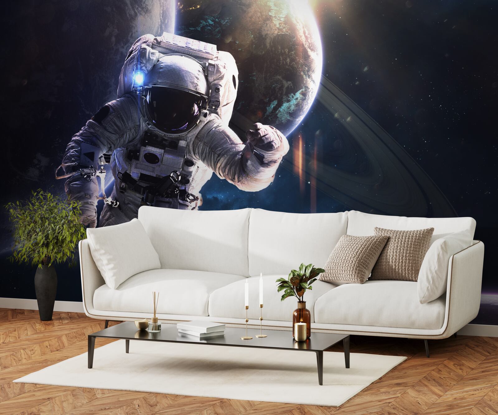 Fotobehang astronaut poseert voor jupiter