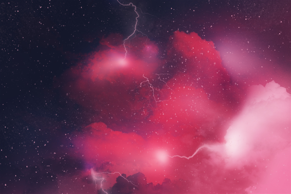 Fotobehang donderflitsen in scharlakenrode ruimte